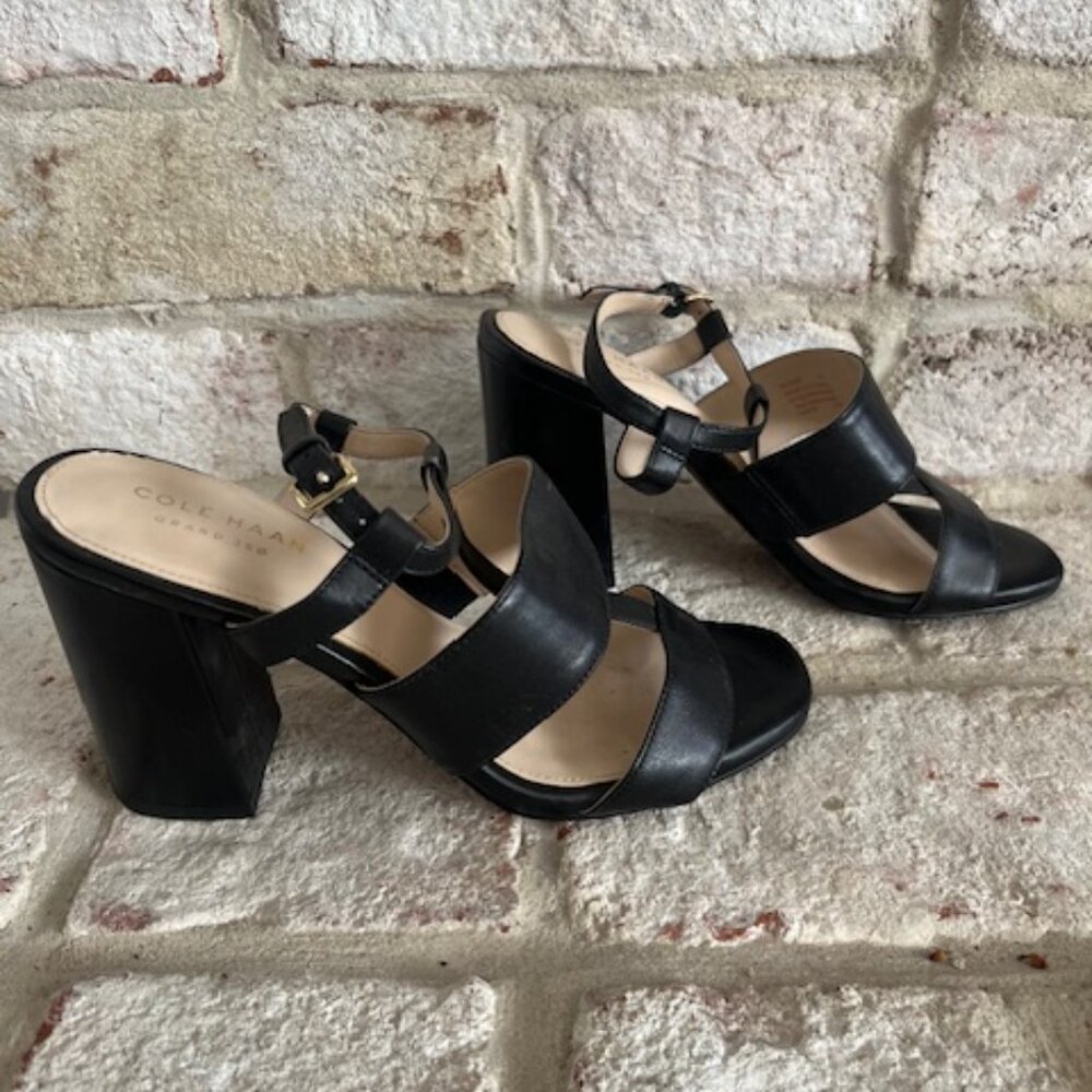 Black Cole Haan Strappy High Block Heel Sexy Sandal 5M Excellent Condition - Picture 2 of 4